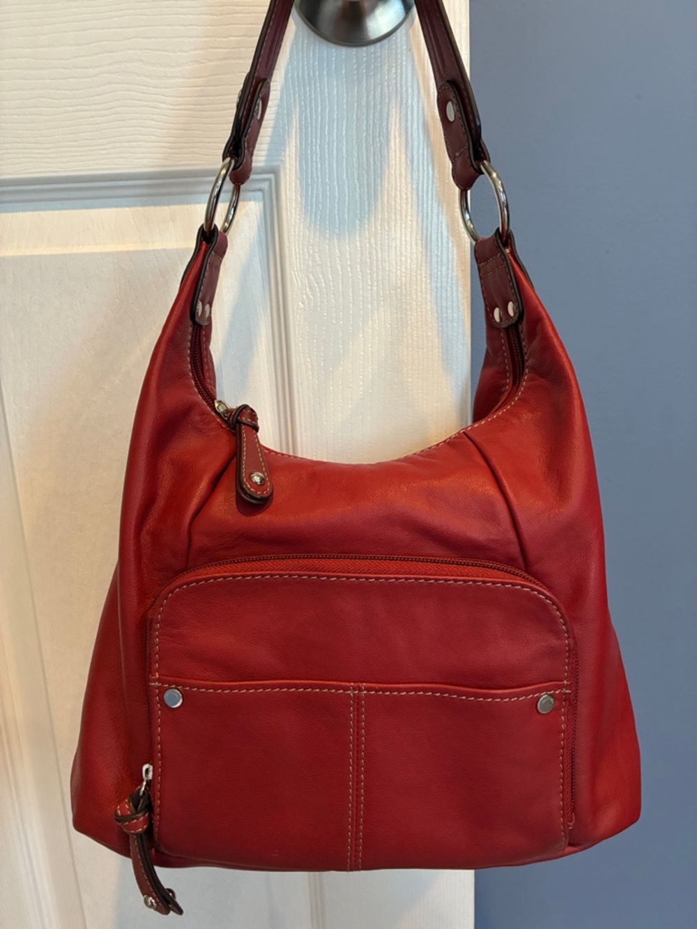 Tignanello Red Leather Shoulder / Boho Style Bag, EUC
